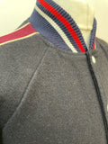 white stripes  white  vintage  varsity  Urban Village Vintage  retro  Red  press stud fastening  Navy Jacket  Navy  Mens Bomber jacket  mens  M  Jacket  indigo  elasticated  denim  bomber jacket  bomber  blue