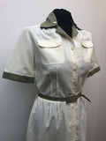10  womens  white  waist belt  vintage  Urban Village Vintage  Shubette  short sleeved  removable collar  midi dress  midi  green trim  dress  cream  belted dress  70s  1970s