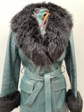 womens  waist belt  vintage  Urban Village Vintage  urban village  sheepskin collar  Sheepskin  real fur  pockets  long sleeve  leather trim  leather stitch  Leather Jacket  Leather Coat  Leather  Jacket  Green  fur  cuffs  collar  button down  button  belted jacket  belted  70s  1970s  12