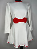 womens  white  vintage  Urban Village Vintage  round neck  red trims  print dress  pockets  MOD  long sleeved  dress  60s  60  1960s  1960  10