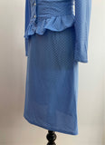1970s Blue and White Polka Dot Two Piece Blouse and Skirt Set - Size UK 8