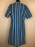 womens  vintage  Urban Village Vintage  Stripes  round neck  MOD  mini dress  front zip fastening  dress  decorative buttons  crochet trim neckline  blue  60s  1960s  12