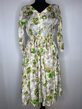 Vintage 1950s Rose Print Long Sleeve Belted Dress in White and Green - Size UK 10