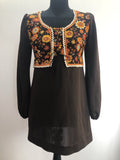 1960s Lace Front Floral Print Mini Dress in Brown - Size 8