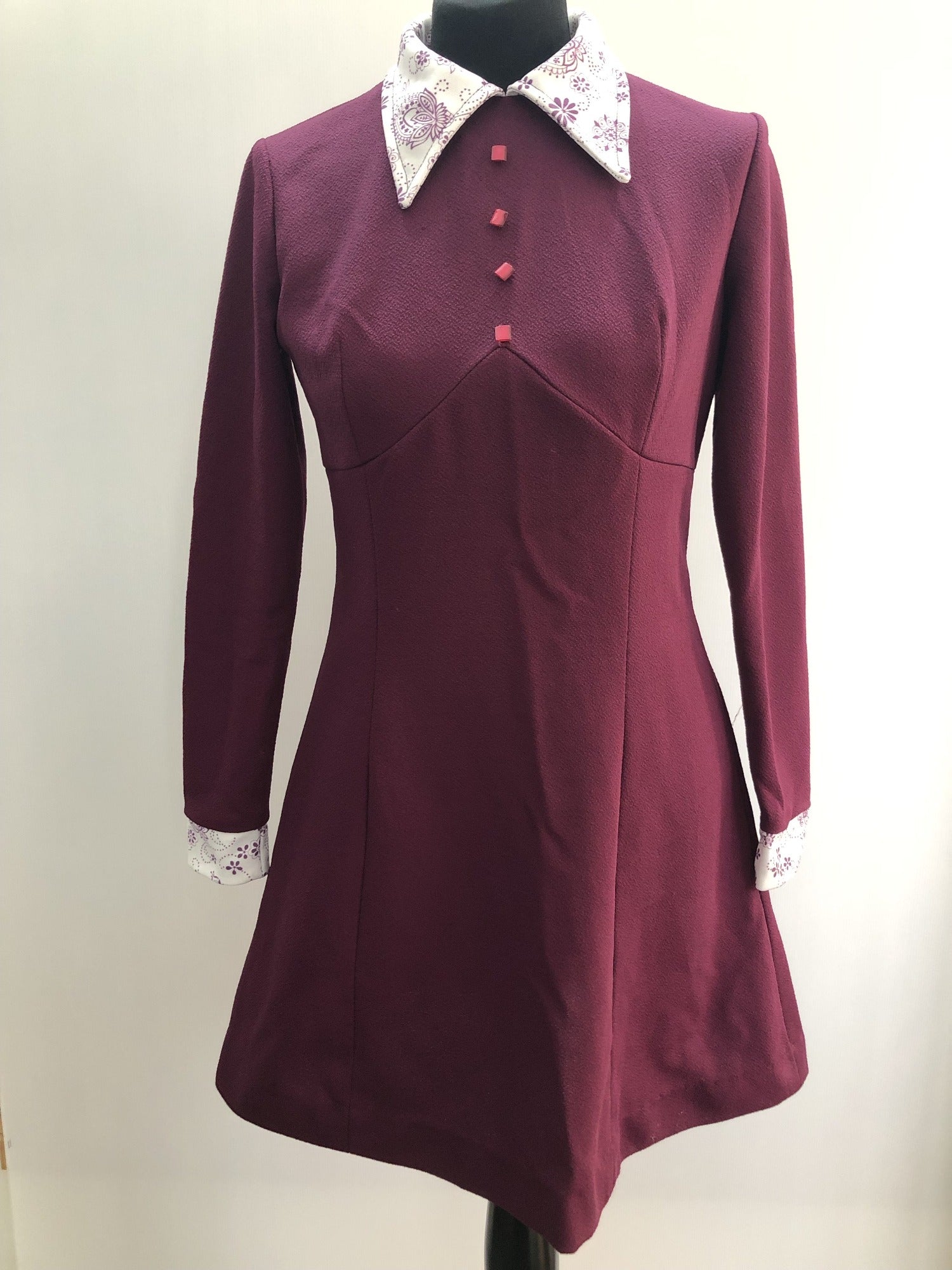 Vintage 1960s Floral Print Collared Mini Dress in Blue Size UK