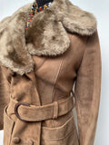 womens coat  womens  welbar  waist belt  vintage  Suede Jacket  Suede  silk  sand  MOD  mink  made in england  long sleeve  long length coat  long coat  light brown  faux fur  faux collar  faux  decorative buttons  coat  button front  button detail  button  brown  Belted waist  belted jacket  belted  8  60s  1960s