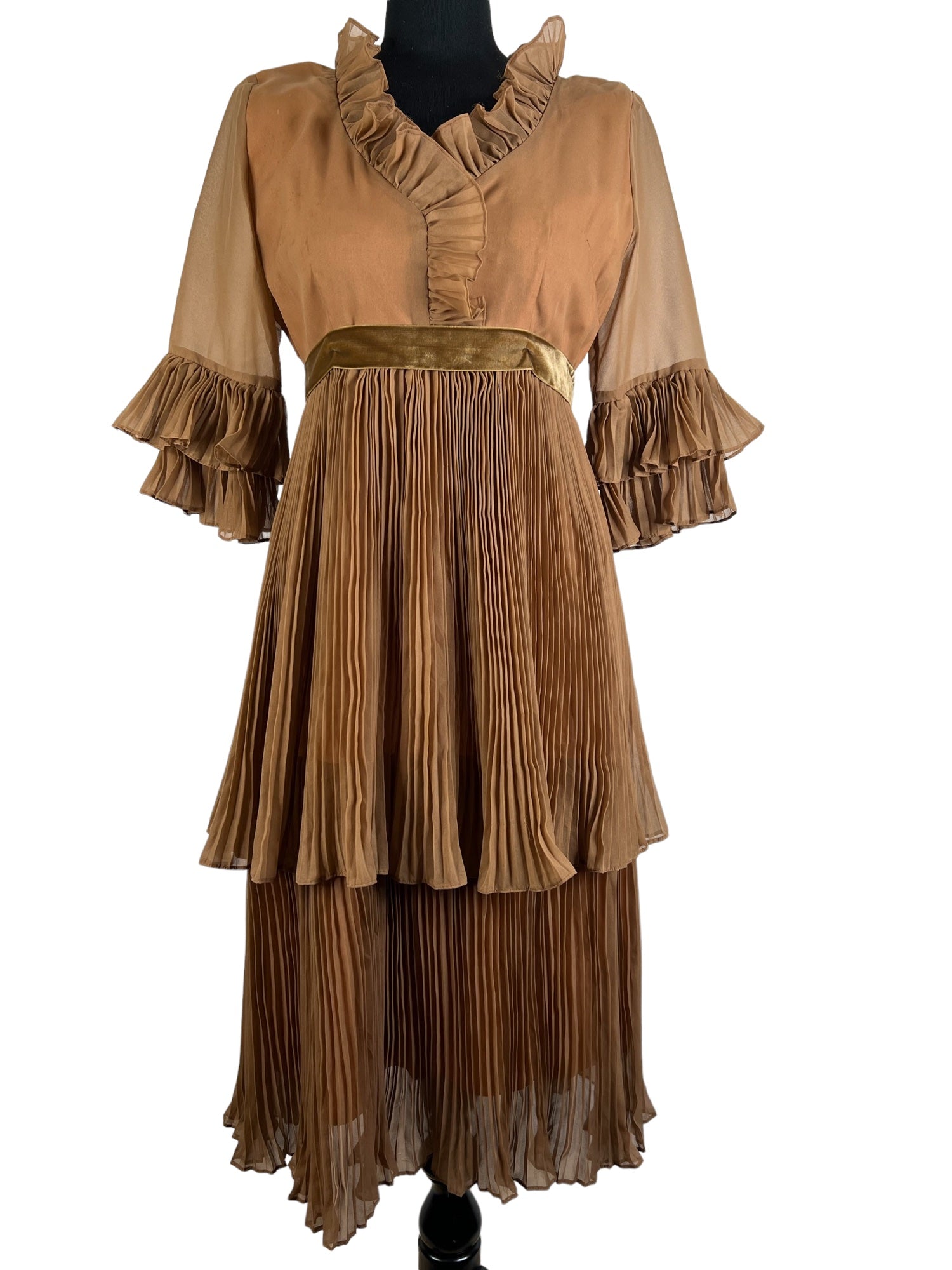 Vintage 1960s Pleated Ruffle Neck Cocktail Evening Dress in Brown