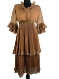 Vintage 1960s Pleated Ruffle Neck Cocktail Evening Dress in Brown - Size UK 10