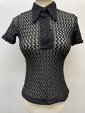 womens  vintage  Urban Village Vintage  urban village  Three Button  summer blouse  summer  short sleeved  short sleeve  sheer  semi sheer  retro  polo top  polo shirt  polo  patterned  pattern  nylon barfus  netted  collared  collar  button up  button  blouse  black  big collar  Beagle collar  8  60s  3 button  1960s