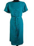 Vintage 1960s Ruched Short Sleeve Belted Dress in Turquoise - Size UK 14