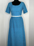 Vintage 1960s Polka Dot Print Maxi Dress in Blue - Size UK 8