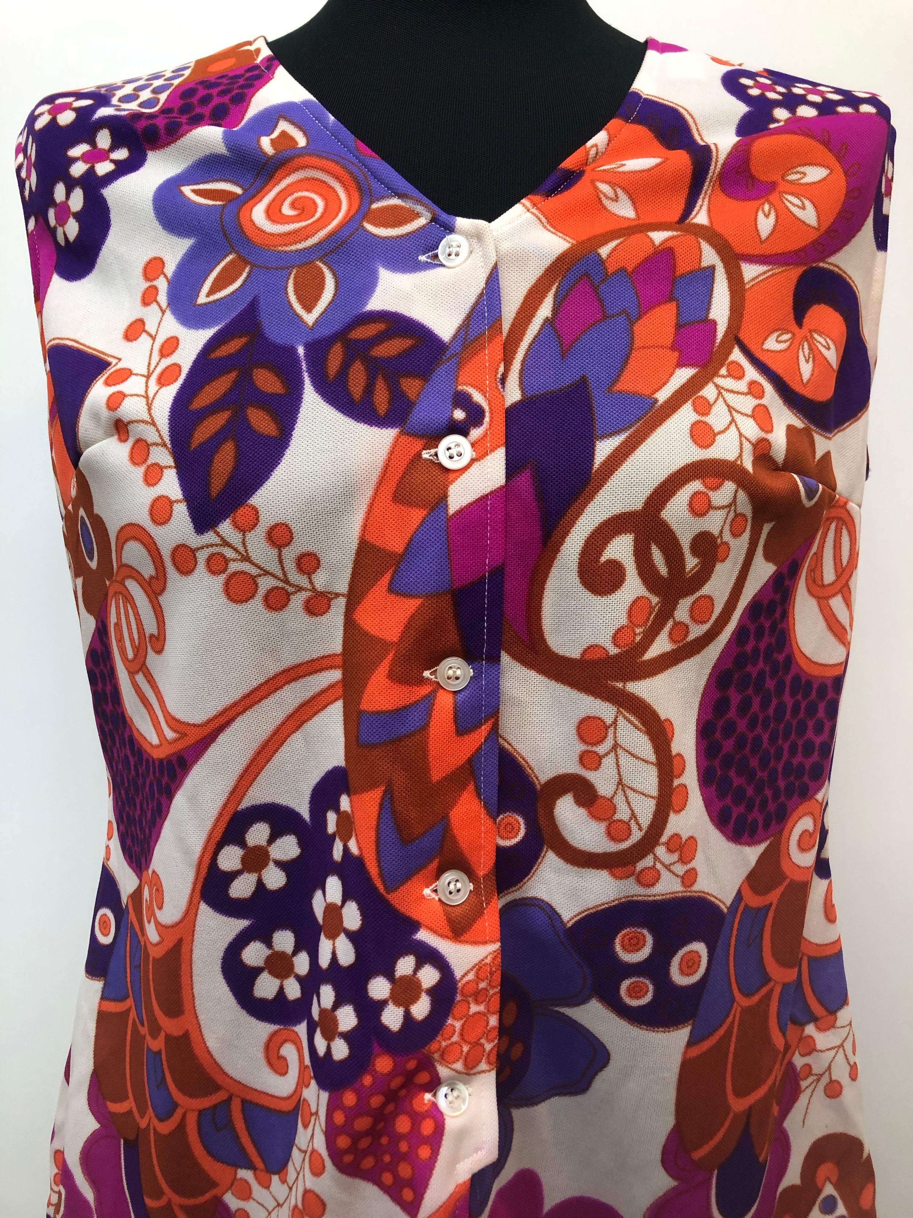 womens  white  vintage  Urban Village Vintage  top  sleeveless  purple  orange  multi  flower print  floral print  blouse  60s  1960s