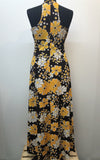 Yellow  womens  vintage  v neck  Urban Village Vintage  summer dress  sleeveless  maxi dress  maxi  long dress  floral print  dress  brown  8  70s  1970s