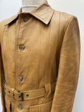 vintage  Urban Village Vintage  urban village  mustard  mens  M  long sleeve  leather stitch  Leather Jacket  Leather Coat  Leather  Jacket  david conrad  collar  button down  big collar  belted jacket  belted  belt  70s  1970s