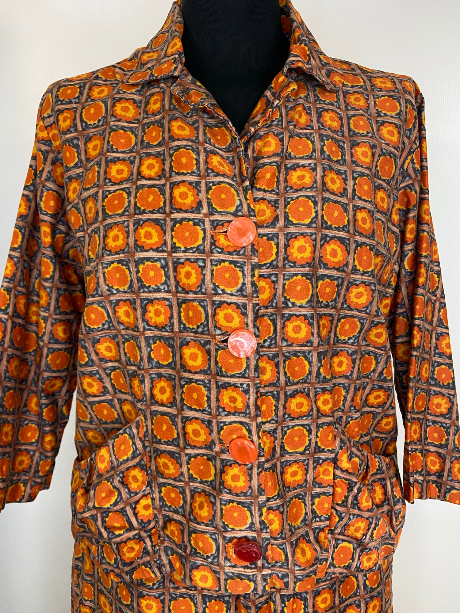 womens shirt  womens  vintage  Urban Village Vintage  urban village  two piece  suit  sleeve  skirt  shirt sleeve  shirt  set  pockets  orange  jacket  floral  blouse  50s  3/4 sleeves  1950s  10