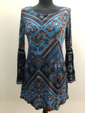 1970s Boho Print Bell Sleeve Mini Dress by Sid Greene - Size UK 10