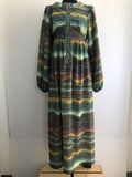 womens  vintage  Urban Village Vintage  print dress  print  multi  maxi dress  long sleeve  green  dress  button front  balloon sleeves  balloon sleeve  70s  1970s  10