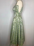 womens  vintage  urban village  swing dress  strappy. fitted  satin  rockabilly  retro  pleated. evening  party  midi dress  midi  green  glamorous  glam  full skirt  full circle  fitted waist  fit and flare  dress  cocktail  clothing  brocade