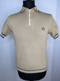 zip neck  vintage  Urban Village Vintage  urban village  top  stripe detailing  stripe detail  short sleeved  short sleeve  ribbed  retro  polo  MOD  mesh knit  mens  made in england  M  light knit  knitwear  knitted  knit top  knit  fine knit  brown stripes  beige  60s  60  1960s  1960