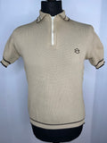 Vintage 1960s Knit Ribbed Zip Neck Mod Polo Top in Beige - Size M