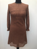 womens  waist belt  vintage  Urban Village Vintage  long sleeve  frilly  frill detail  dress  brown  60s  1960s  10