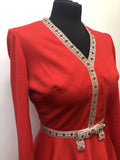 womens  waist belt  vintage  v neck  Urban Village Vintage  Red  midi dress  midi  long sleeve  Embroidered  dress  detailing  8  70s  1970s
