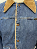 wrangler  vintage  Urban Village Vintage  urban village  press stud fastening  pockets  mens  logo  L  jean  Jacket  indigo  fleece lined  denim  corduroy  corded  cord  blue  70s  70  1970s