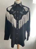 xl  white embroidery  western wear  western shirt  western  vintage  Urban Village Vintage  urban village  Ranchwear  press stud fastening  press stud  pearl snap fastening  pearl snap  pearl button  mens  hearc  floral trim  floral embroidery  floral  embroidery detail  embroidery  embroidered pattern  Embroidered  collared  collar  California Ranchwear  black  big collar  70s  1970s