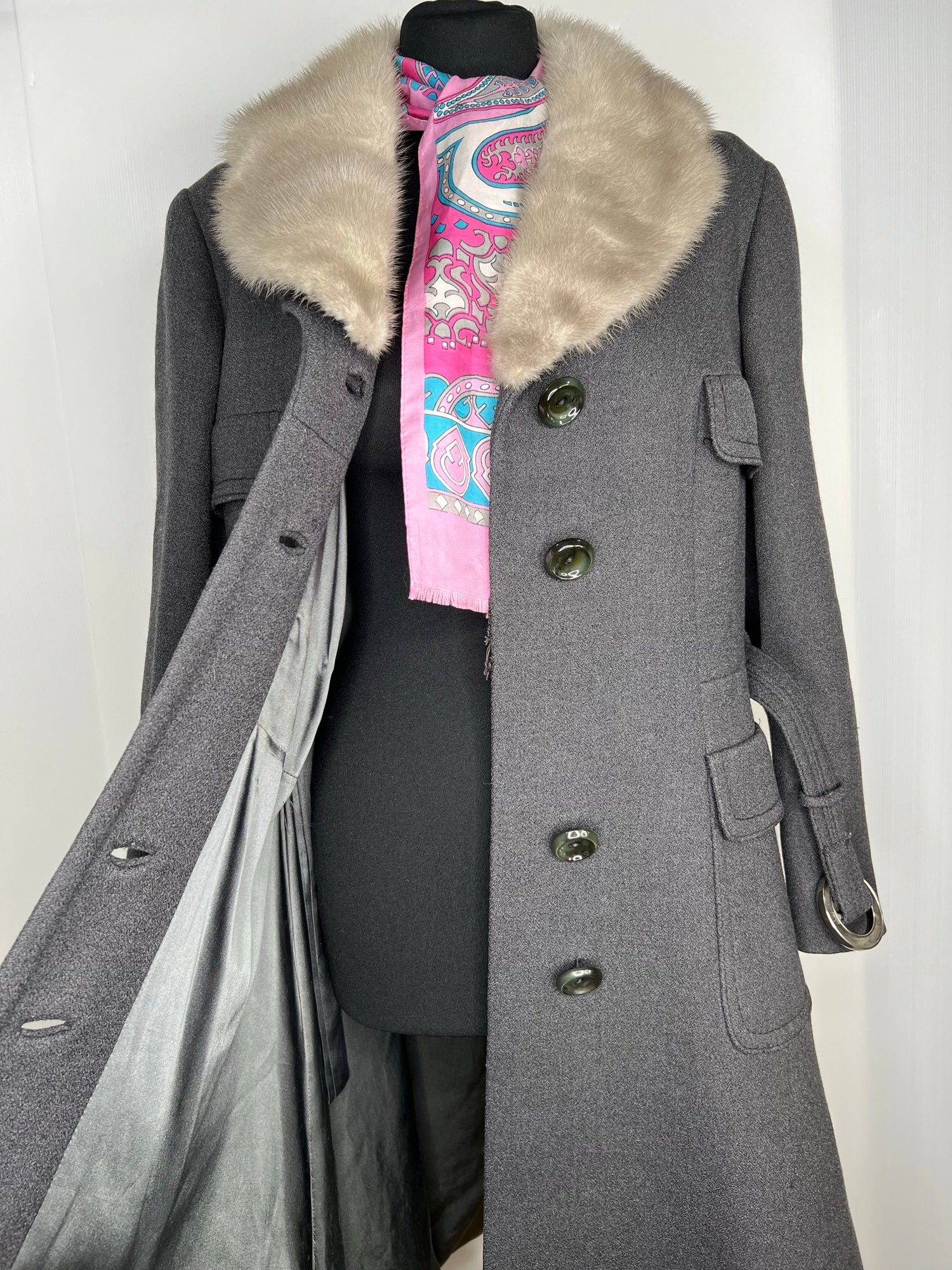 womens jacket  womens coat  womens  Winter Coat  windsmoor  waist belt  vintage  Urban Village Vintage  urban village  mink collar  Jacket  Grey  coat  button  Belted waist  belted  60s  1960s  14