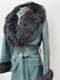 womens  waist belt  vintage  Urban Village Vintage  urban village  sheepskin collar  Sheepskin  real fur  pockets  long sleeve  leather trim  leather stitch  Leather Jacket  Leather Coat  Leather  Jacket  Green  fur  cuffs  collar  button down  button  belted jacket  belted  70s  1970s  12