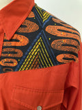 vintage  Urban Village Vintage  urban village  retro  press stud fastening  polyester  pockets  pearl snap  patterned  pattern  orange  mens  long sleeves  long sleeve  L  chest pockets  70s  70  1970s