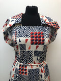 womens  white  vintage  Urban Village Vintage  square print  square pattern  square neck  red  midi dress  midi  Eastex  dress  collar  blue  70s  70  1970s  14