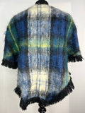 wool  winter  waistcoat  vintage  V-Neck  Urban Village Vintage  short cape  S  mohair  made in Scotland  Craig-Na-Creidhe  checked  check  cape  blue  black fringing  autumnal  autumn  70s  70  1970s