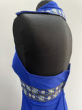 studio 54  disco  womens  vintage  royal blue  retro  party  open neck  open collar  norwegian  nordic  maxi dress  maxi  long dress  halter neck  halter  glam  festive  evening dress  dress  dagger collar  cobalt  blue  70s  1970s