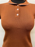 womens top  womens  vintage  Urban Village Vintage  urban village  Three Button  polo top  polo shirt  MOD  light knitwear  light knit  knitwear  knitted  knit  fine knit  collared  collar  button up  brown  blouse  4  3 button  1960s