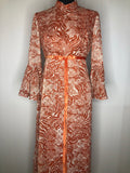 1970s Bell Sleeve Print Maxi Dress in Orange - Size UK 10