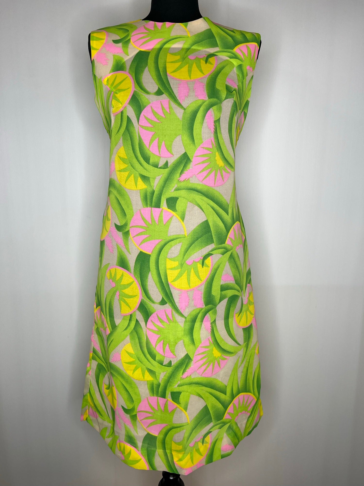 Vintage 1960s Sleeveless Floral Print Dress in Green and Pink by Eriko -  Size UK 12 - Womens Vintage Clothing