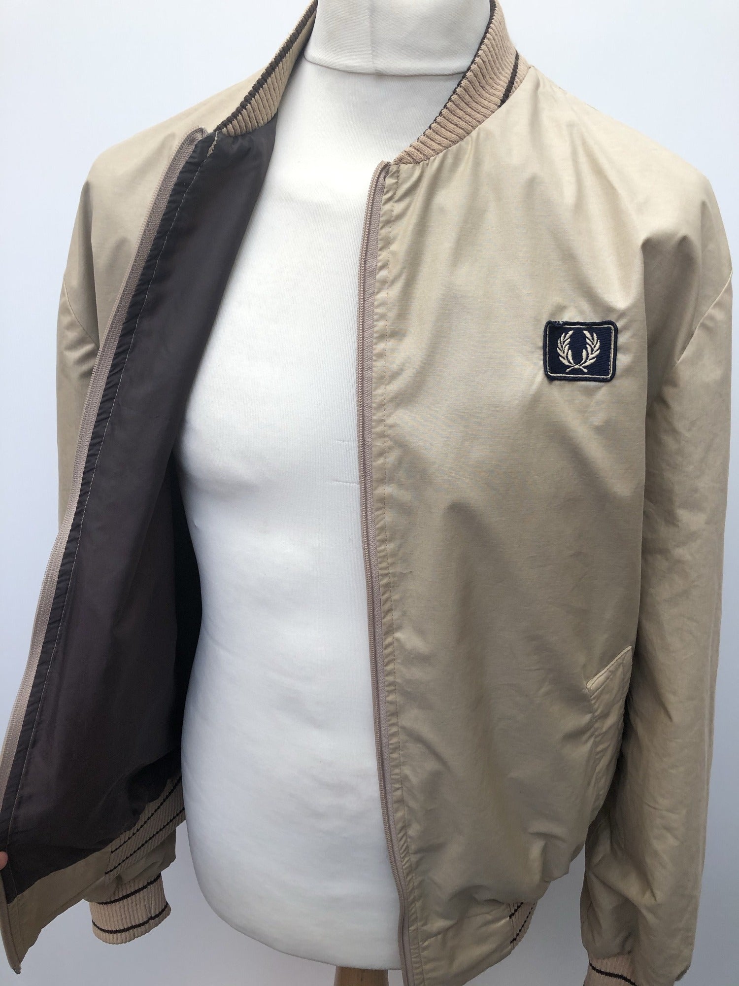 Fred Perry Sportswear Bomber Jacket Beige Size L Urban Village Vintage Mens MOD Clothing UrbanVillageVintage