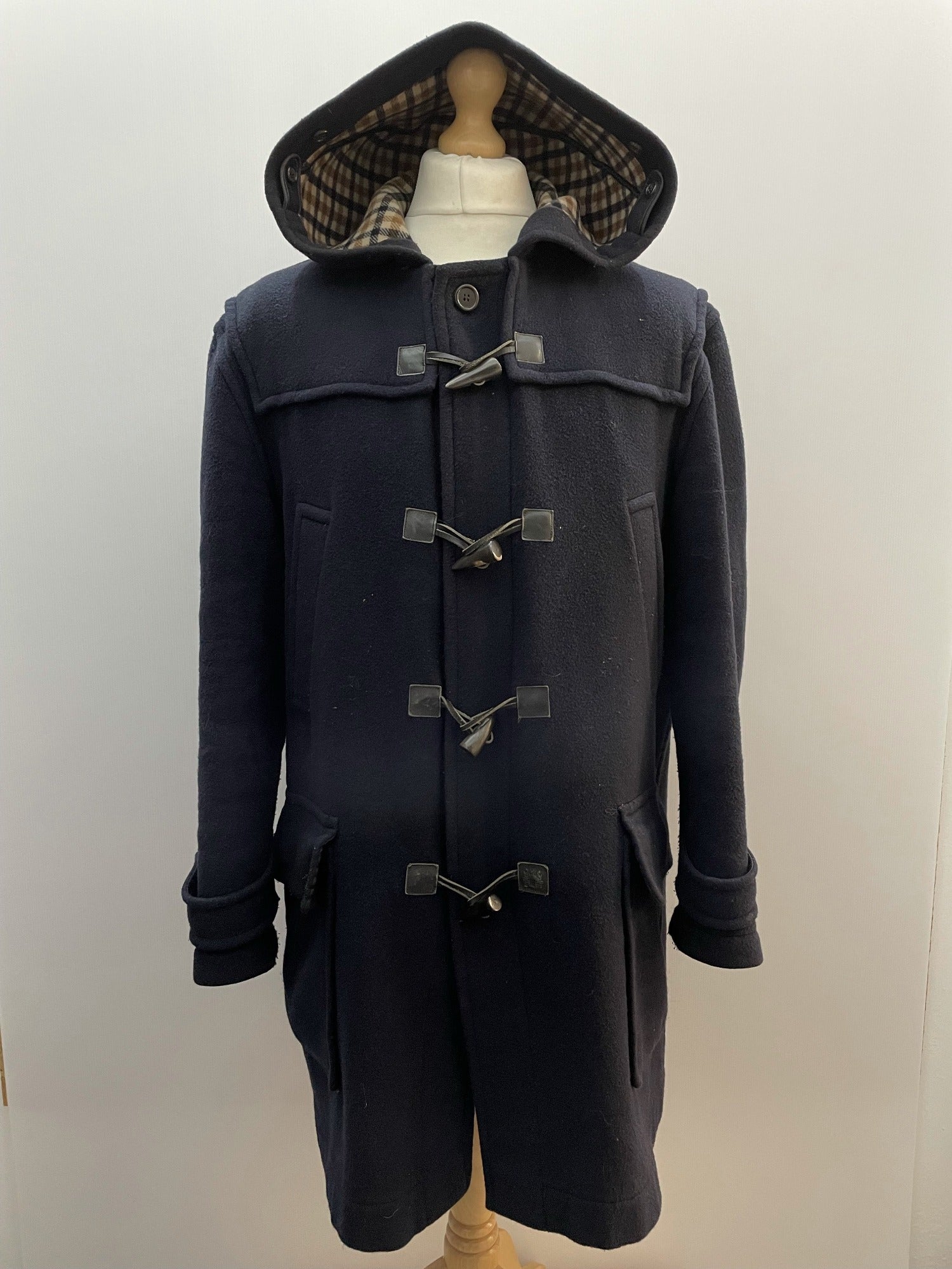 Men's Aquascutum Navy Wool Hooded Duffle Coat Large 44