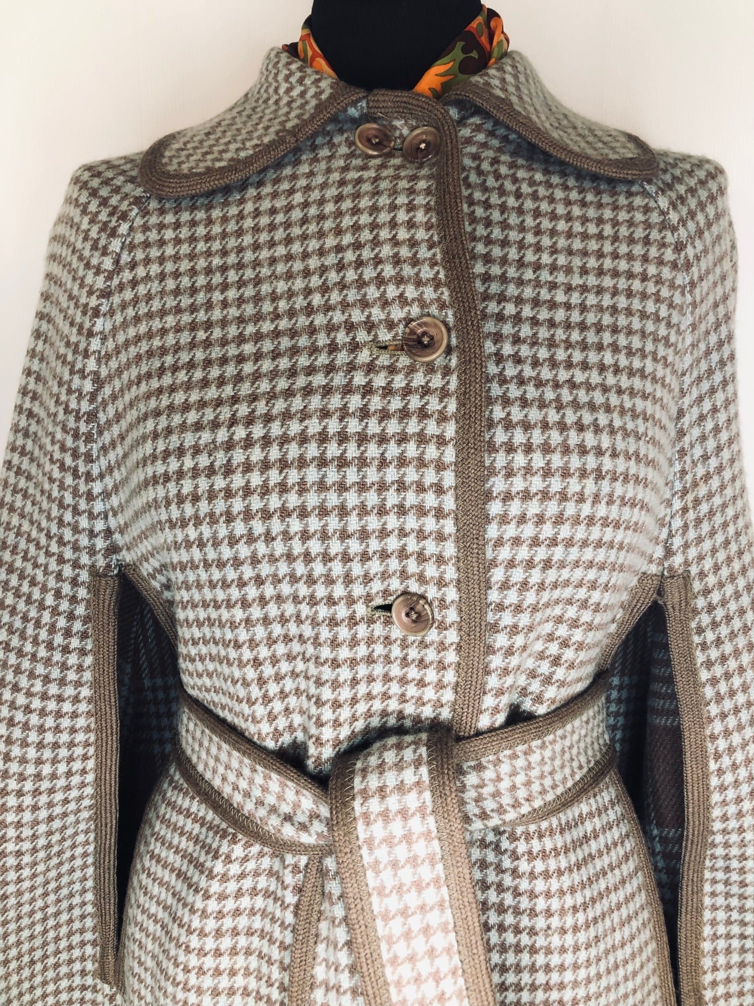 wool  womens  wetherall  waistcoat  vintage  S  MOD  gingham  cape  brown  blue  60s  1960s