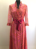 zip back  zip  womens  vintage  v-neck  Urban Village Vintage  urban village  straps  retro  pink  long sleeve  Jean Allen  frill detail  dress  bow detail  back zip  70s  1970s  10