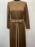 womens  vintage  Urban Village Vintage  urban village  retro  polyester  MOD  maxi dress  gold  evening dress  dress  brown  Belted waist  belted dress  60s  1960s  14  12/14  12