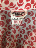 workwear  womens shirt  womens  white  waist belt  vintage  Urban Village Vintage  urban village  summer blouse  summer  sleeve  shirt sleeve  Red  long sleeves  long sleeve  dagger collar  crescent print  circle print  button  blouse  70s  1970s