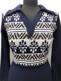 womens  vintage  V-Neck  printed  Navy  knit dress  fit and flare  dress  Collar  Blue  70s  1970s  10/12