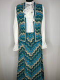 Vintage 1970s Wool Chevron Patterned Waistcoat and Maxi Skirt Set in Blue Berketex Boutique - Size UK 12