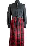 womens  vintage  velvet trim  tartan  sleeveless  retro  maxi dress  maxi  high neck  dress  decorative buttons  check  button cuffs  button cuff  black velvet trim  black  balloon sleeves  balloon sleeve  60s  1960s  12
