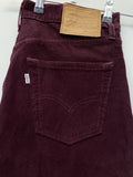 white tag  white logo  waist belt  W33  vintage  Urban Village Vintage  urban village  straight leg  straight cut  purple  pockets  mens  logo  levis strauss  levis  levi strauss  levi  L34  embroidered logo  corduroy  cords  corded  cord  70s  1970s