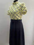 yellow  womens  vintage  swing dress  scooter  retro  pleated  office  modette  mod  midi dress  midi  geometric  dress  blue  60s  1960s  12