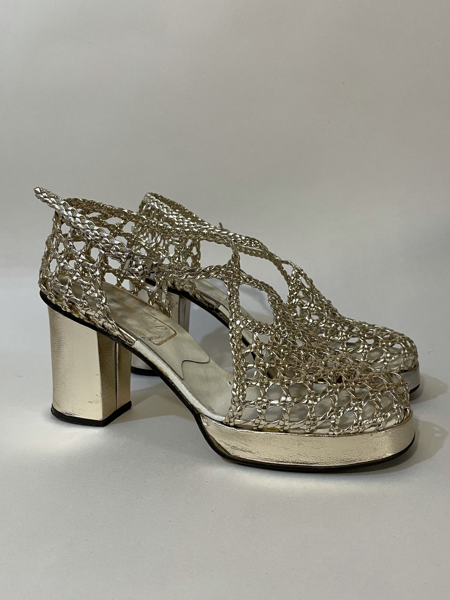 Vintage 1970s Metallic Gold Platform High Heel Disco Shoes Size