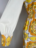womens  white  waist detail  vintage  velvet bow detail  psychedelic  print dress  orange  maxi dress  floral print  floaty  dress  boho  balloon sleeves  balloon sleeve  70s  1970s  12  10